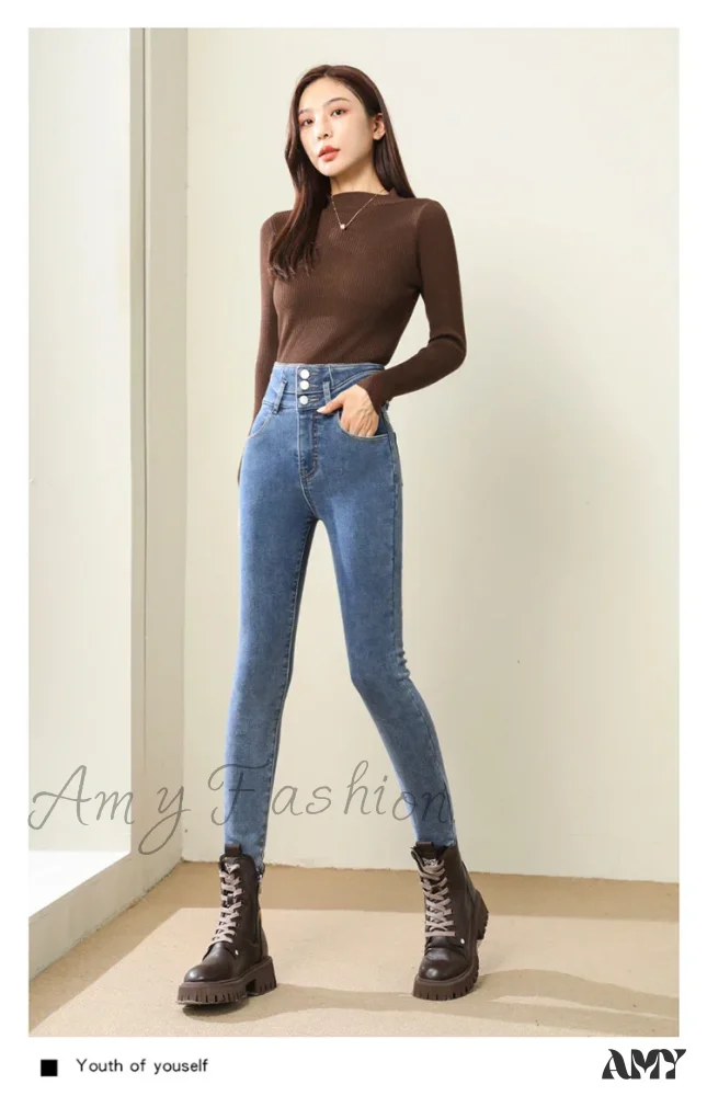 Amy Fashion - Winter Women Thicken Lamb Fluff High Waist Stretchy Fleece Lined Warm Slim Denim Pencil Pants Jean - Image 2