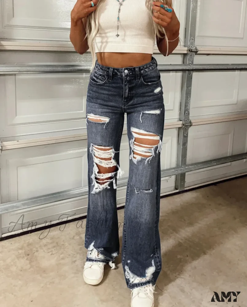 Amy Fashion - Women High Waist Loose Casual Ripped Hole Straight Pants 2024 Autumn New Drop Shipping Jean - Image 2