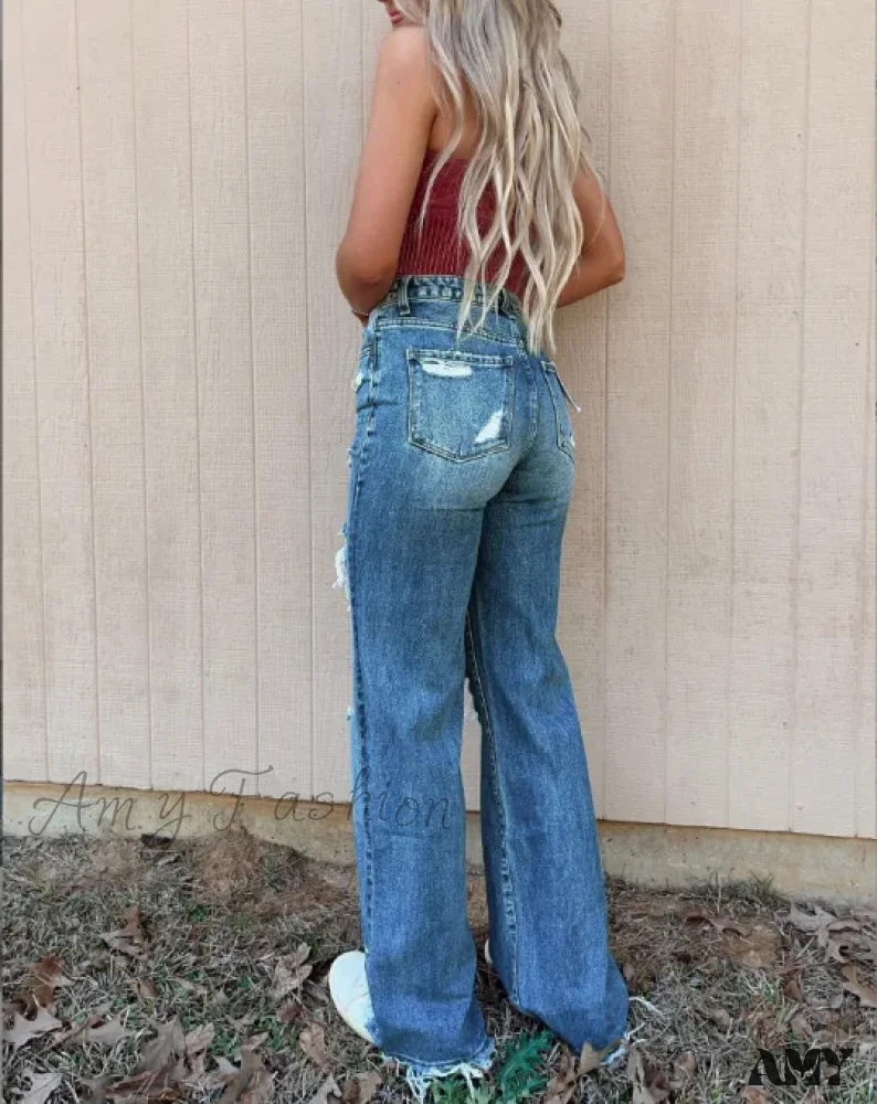 Amy Fashion - Women High Waist Loose Casual Ripped Hole Straight Pants 2024 Autumn New Drop Shipping Jean - Image 4