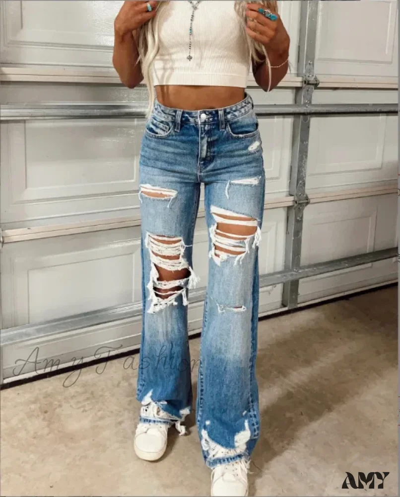Amy Fashion - Women High Waist Loose Casual Ripped Hole Straight Pants 2024 Autumn New Drop Shipping Jean - Image 5