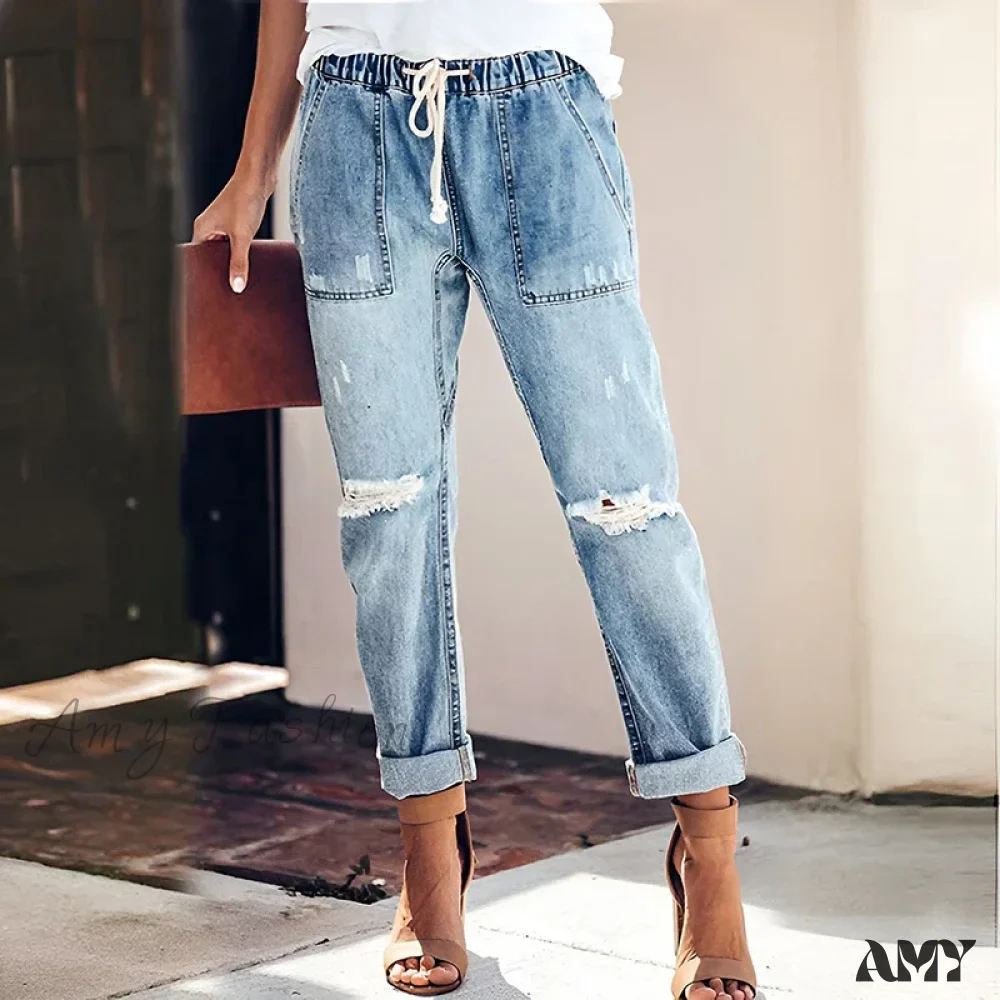 Amy Fashion - Women's Streetwear Ripped Vintage Casual Fashion Drawstring Elastic Waist High Elastic Baggy Jean - Image 2