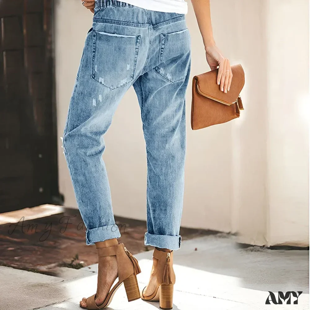Amy Fashion - Women's Streetwear Ripped Vintage Casual Fashion Drawstring Elastic Waist High Elastic Baggy Jean - Image 3