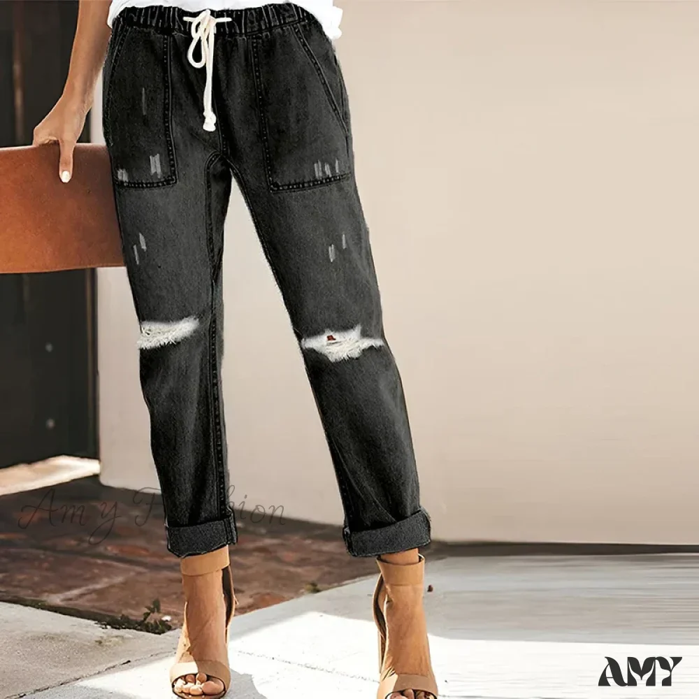 Amy Fashion - Women's Streetwear Ripped Vintage Casual Fashion Drawstring Elastic Waist High Elastic Baggy Jean - Image 5