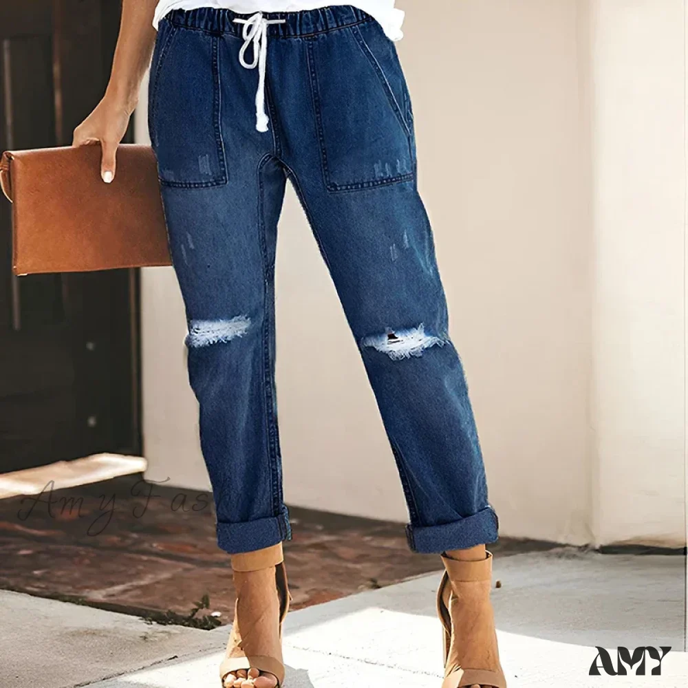 Amy Fashion - Women's Streetwear Ripped Vintage Casual Fashion Drawstring Elastic Waist High Elastic Baggy Jean - Image 6