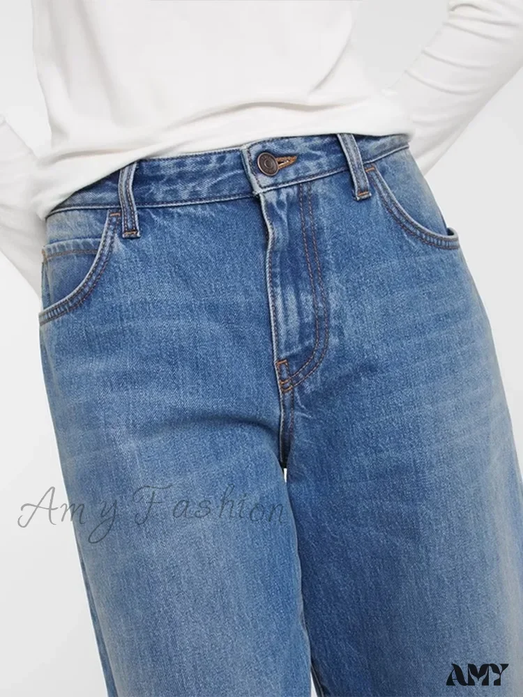 Amy Fashion - High Quality Autumn New Floor-length Denim High-waisted Minimalist Style Loose Wide-leg Jean - Image 4