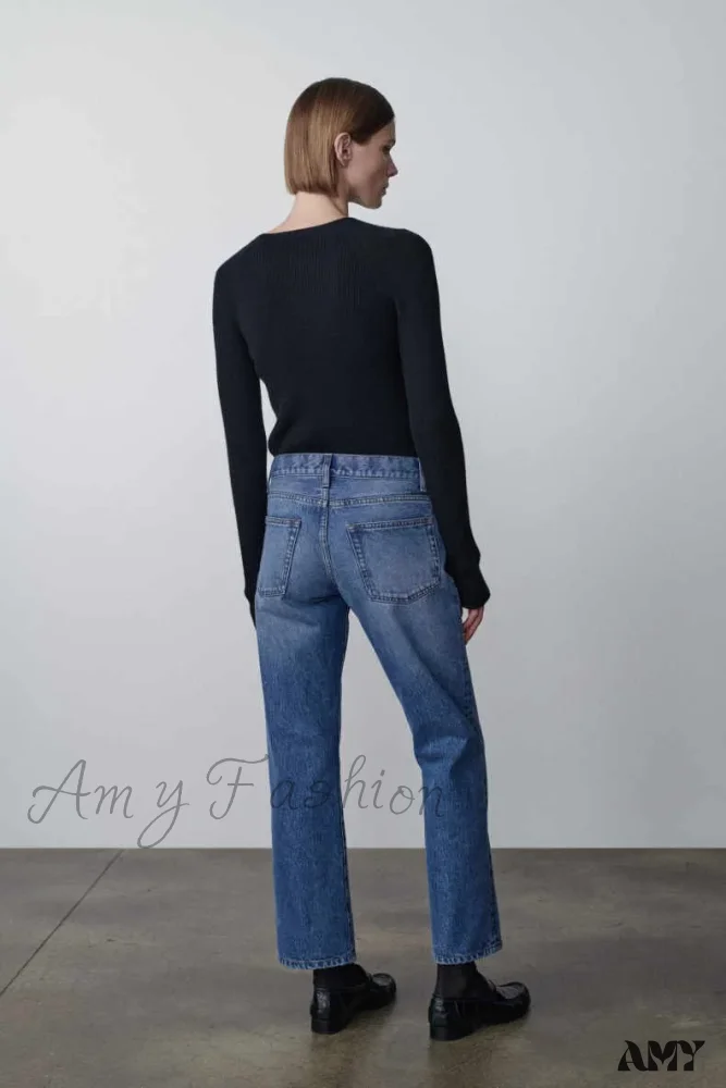 Amy Fashion - High Quality Fashion Retro Lady Straight-leg Spring and Autumn Simple Casual High Waist Denim Jean - Image 2