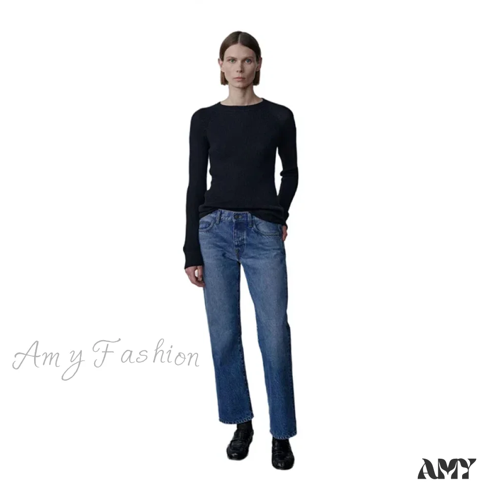 Amy Fashion - High Quality Fashion Retro Lady Straight-leg Spring and Autumn Simple Casual High Waist Denim Jean - Image 4