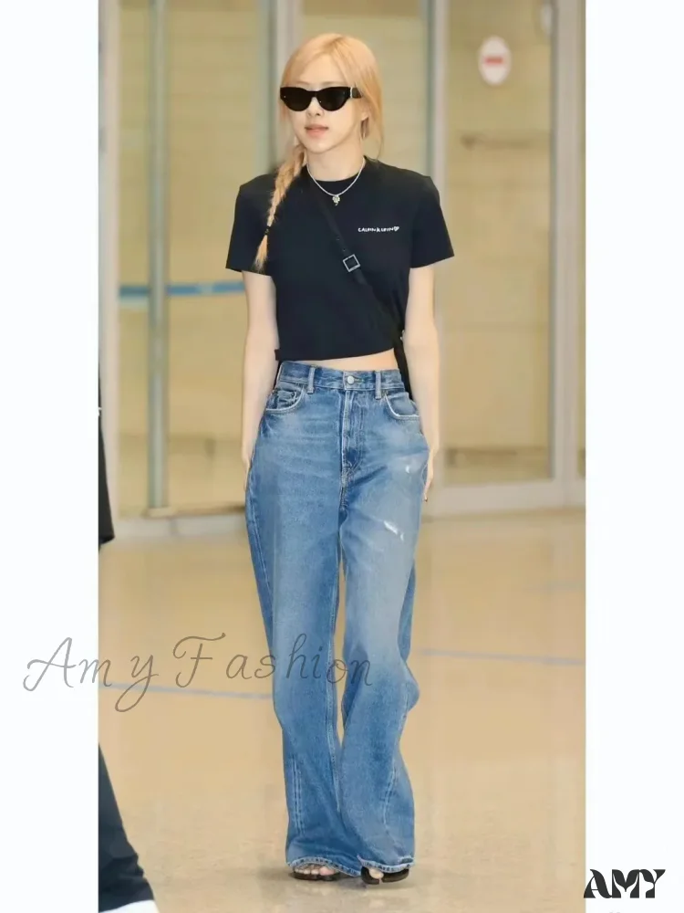 Amy Fashion - High Quality High-Waisted Vintage Denim Women's Frayed Versatile Blue Straight Wide-Leg Ladies 2024 Autumn Jean - Image 2