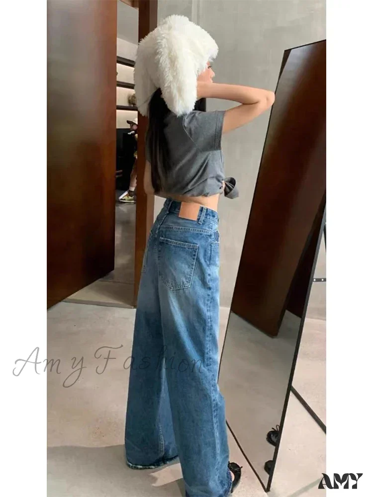 Amy Fashion - High Quality High-Waisted Vintage Denim Women's Frayed Versatile Blue Straight Wide-Leg Ladies 2024 Autumn Jean - Image 3