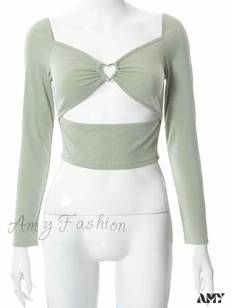 AMY - Hollow-Out V-neck Slim Ribbed Backless Tee Crop Top - Image 5