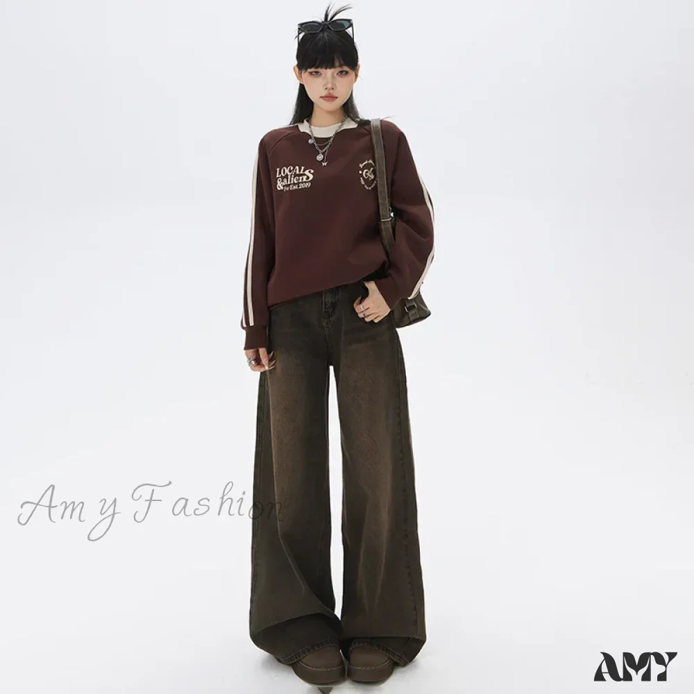 Amy Fashion - Loose Vintage Korean for Women High Waist Fashion Streetwear Casual Denim Femme Y2K Wide Leg Straight Jean - Image 2