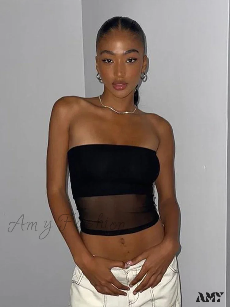 AMY FASHION - Mesh Patchwork Sexy Off Shoulder Slim Tank Crop Top - Image 3