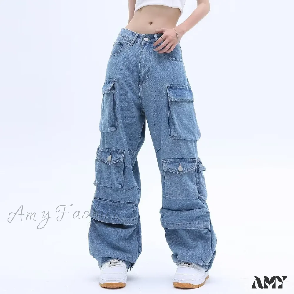 Amy Fashion - Multi-Pocket Washed Cargo New Heavy Industry Y2K Vintage Streetwear Loose Oversized Straight-Leg Jean - Image 4