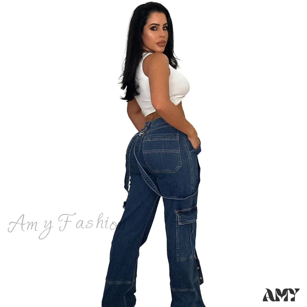 Amy Fashion - Multi Pockets Loose Straps Fashion High Waist Casual Cargo Autumn Winter Streetwear Denim Jean - Image 2