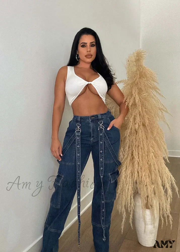 Amy Fashion - Multi Pockets Loose Straps Fashion High Waist Casual Cargo Autumn Winter Streetwear Denim Jean - Image 4