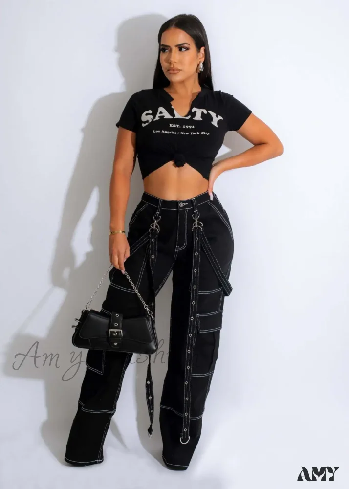 Amy Fashion - Multi Pockets Loose Straps Fashion High Waist Casual Cargo Autumn Winter Streetwear Denim Jean - Image 5