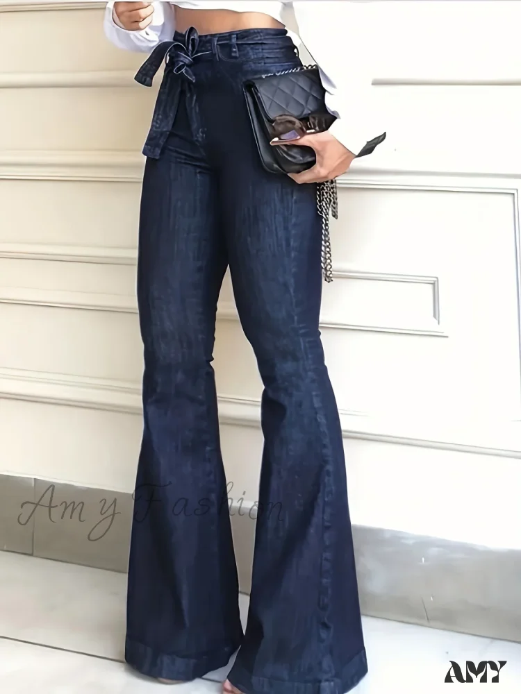 Amy Fashion - Navy Blue Flared Autumn High-Stretch With Waistband Bell Bottom Wide Legs Denim Jean - Image 2