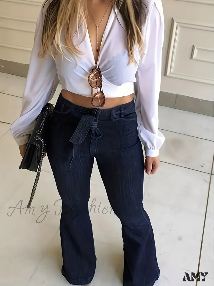 Amy Fashion - Navy Blue Flared Autumn High-Stretch With Waistband Bell Bottom Wide Legs Denim Jean - Image 4