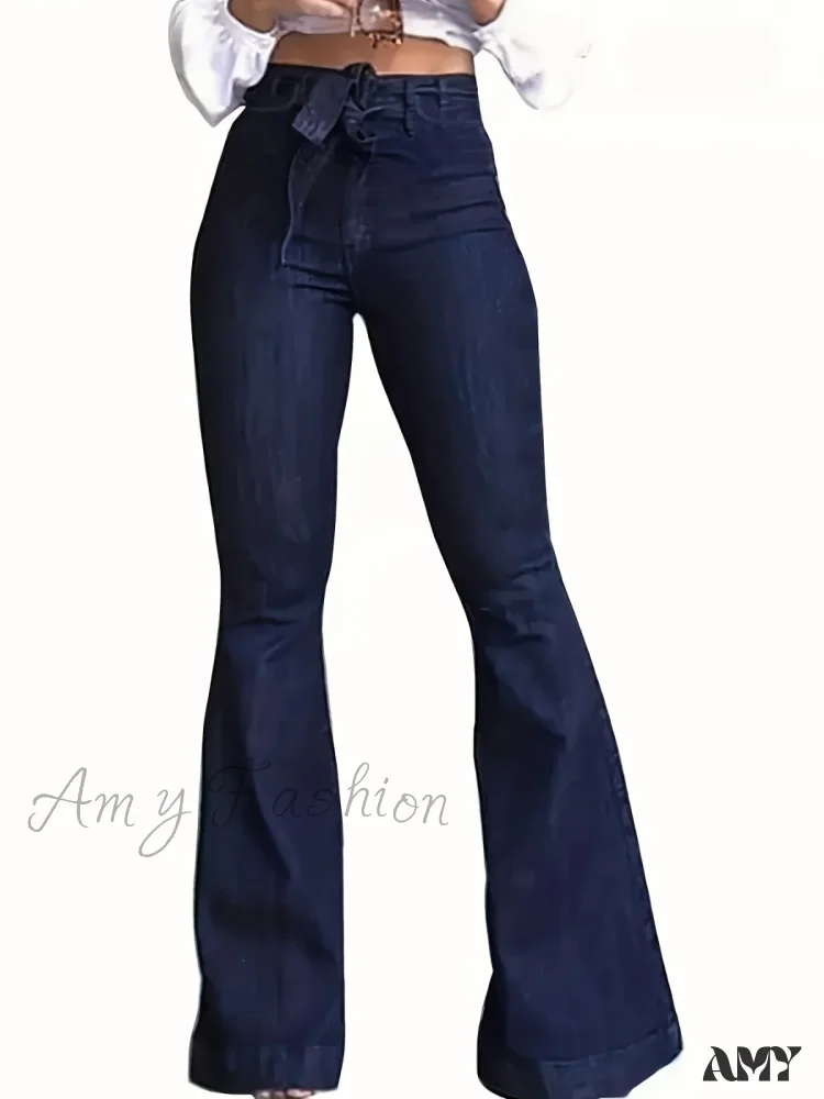 Amy Fashion - Navy Blue Flared Autumn High-Stretch With Waistband Bell Bottom Wide Legs Denim Jean - Image 5