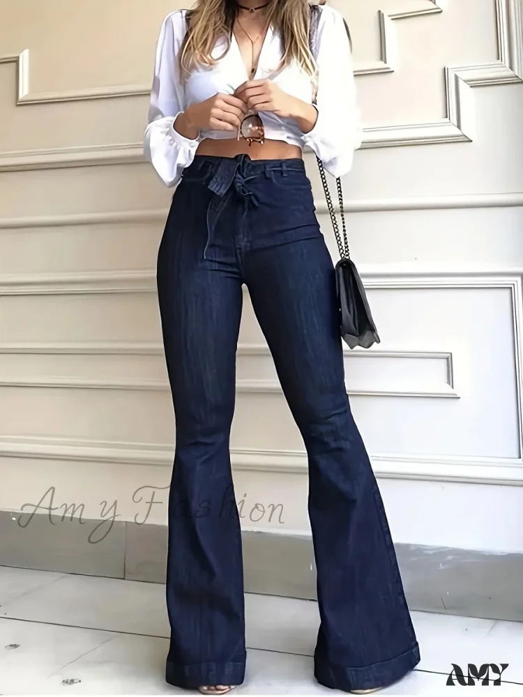Amy Fashion - Navy Blue Flared Autumn High-Stretch With Waistband Bell Bottom Wide Legs Denim Jean - Image 6