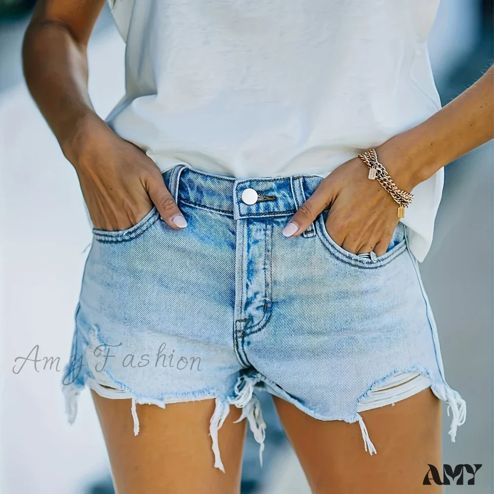 Amy Fashion - Plain Frayed Trim Denim Shorts Fringe Hem Slant Pockets Casual Short Denim Jean - Image 6