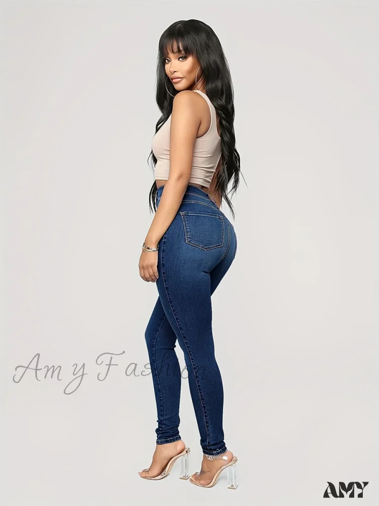Amy Fashion - Plain High Waist Skinny High Rise Slim Fit Slash Pockets Casual Denim Jean - Image 3