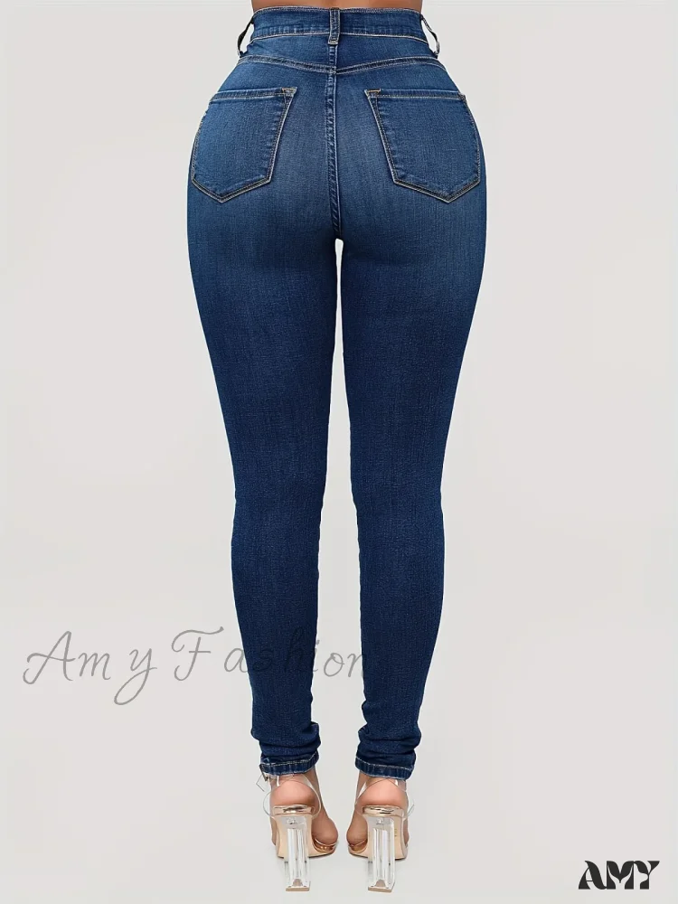 Amy Fashion - Plain High Waist Skinny High Rise Slim Fit Slash Pockets Casual Denim Jean - Image 4
