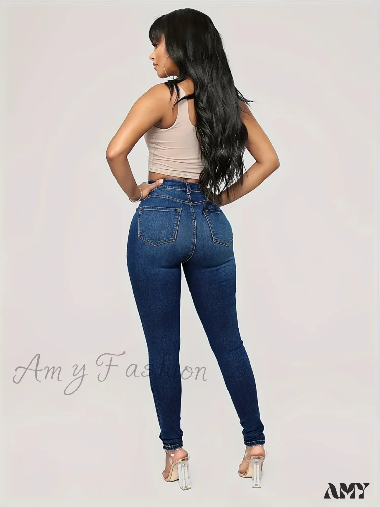 Amy Fashion - Plain High Waist Skinny High Rise Slim Fit Slash Pockets Casual Denim Jean - Image 5