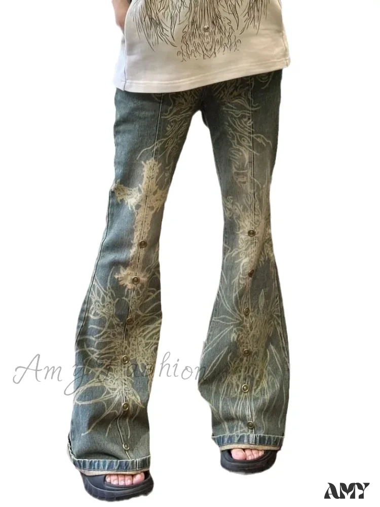 Amy Fashion - Retro Wash Print Flare Female High Waist Draped Casual American Spice Beaded Old Slim Straight Jean - Image 5