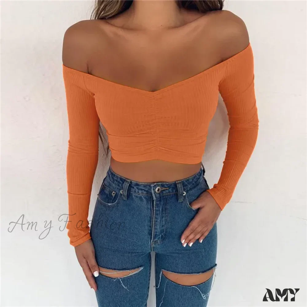 AMY FASHION - Sexy Club Fashion Off Shoulder Solid Color Autumn Crop Top - Image 2