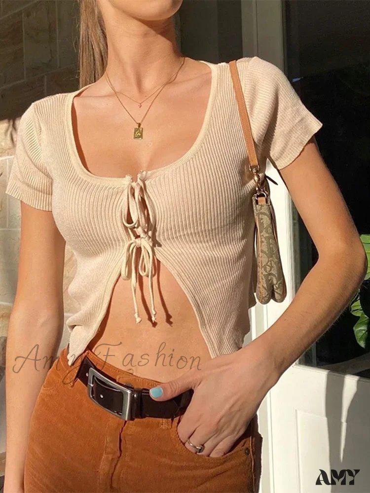 AMY FASHION - Sexy Cropped Lace up Hollow out Front Split Slim Streetwear Crop Top - Image 2