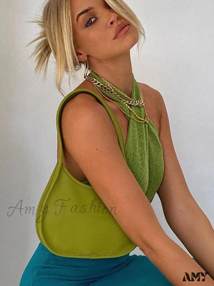 AMY FASHION - Sexy Green Bandage Halter Backless Club Party Crop Top - Image 2