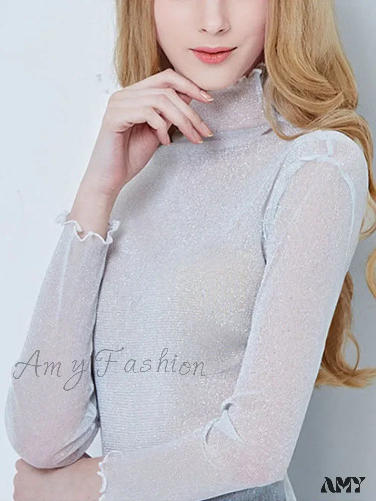AMY FASHION - Sexy Mesh Long Sleeve Transparent See Through Femme Crop Top - Image 3