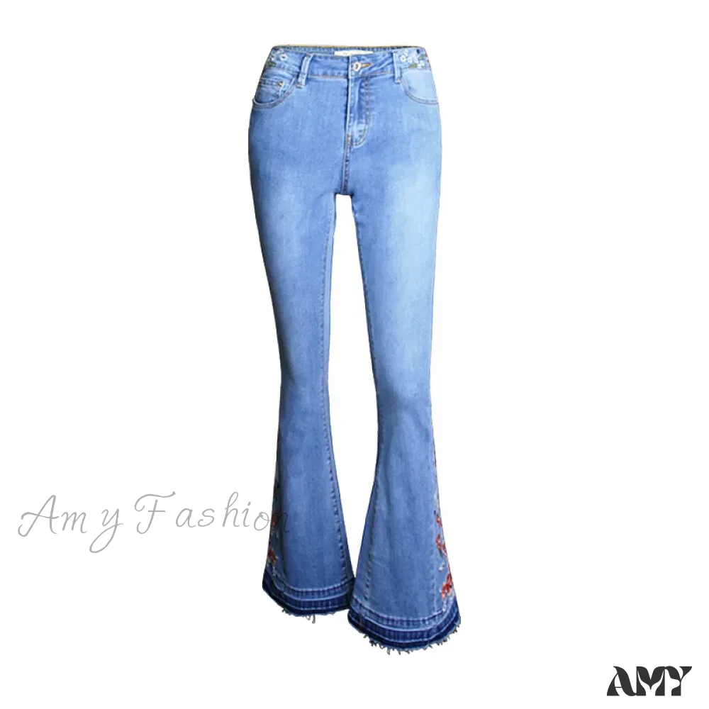 Amy Fashion - Size S-3XL Elastic Embroidery Flare Blue Vintage Bell Bottom Skinny Wide Leg Denim Jean - Image 2