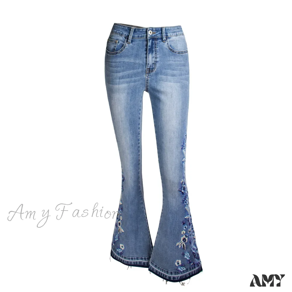 Amy Fashion - Size S-4XL Elastic Flower Embroidered Flare Denim Autumn Retro Style Bell Bottom Skinny Jean - Image 2