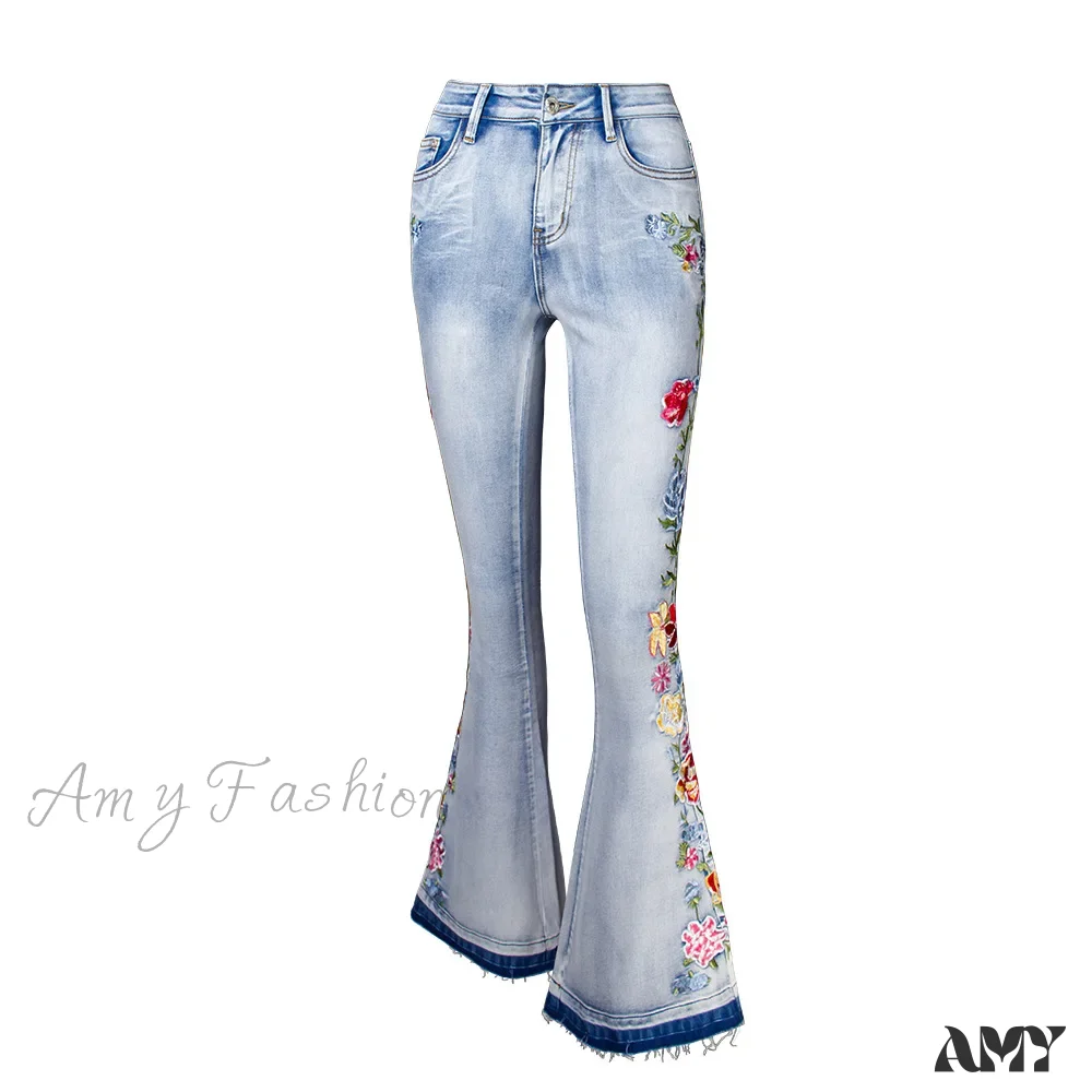 Amy Fashion - Size S-4XL Elastic Flower Embroidered Flare Womens Retro Style Bell Bottom Skinny Autumn Denim Women Jean - Image 2