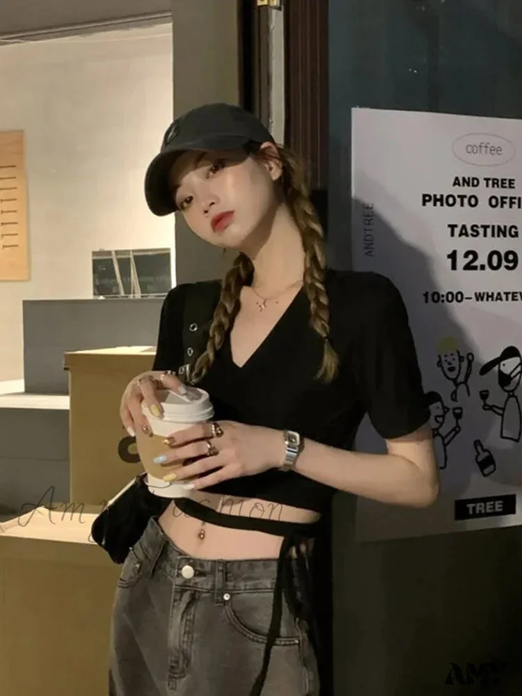 AMY FASHION - Solid V-neck Sexy Harajuku Korean Street T-shirts Crop Top - Image 2