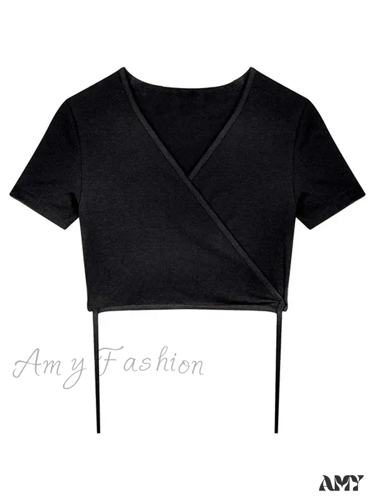 AMY - Solid V-neck Sexy Harajuku Korean Street T-shirts Crop Top - Image 5