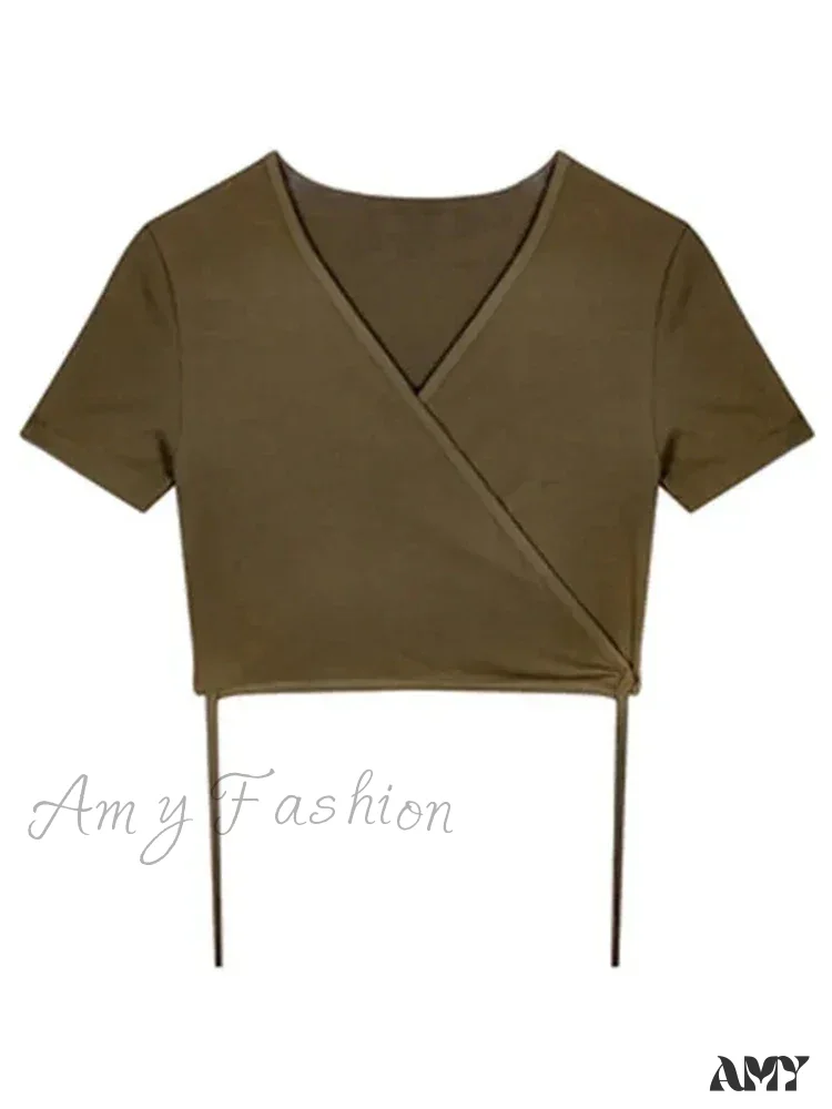 AMY - Solid V-neck Sexy Harajuku Korean Street T-shirts Crop Top - Image 6