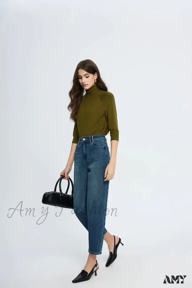 Amy Fashion - Spring New High Waist Retro Washed Blue Straight Jean - Image 2