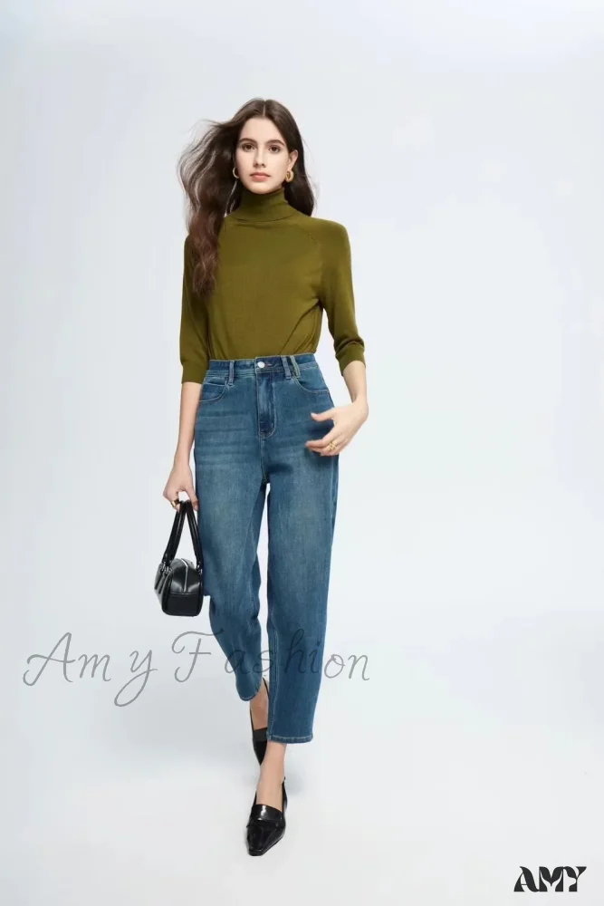 Amy Fashion - Spring New High Waist Retro Washed Blue Straight Jean - Image 4