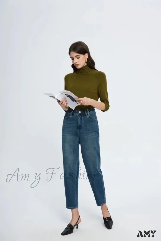 Amy Fashion - Spring New High Waist Retro Washed Blue Straight Jean - Image 5