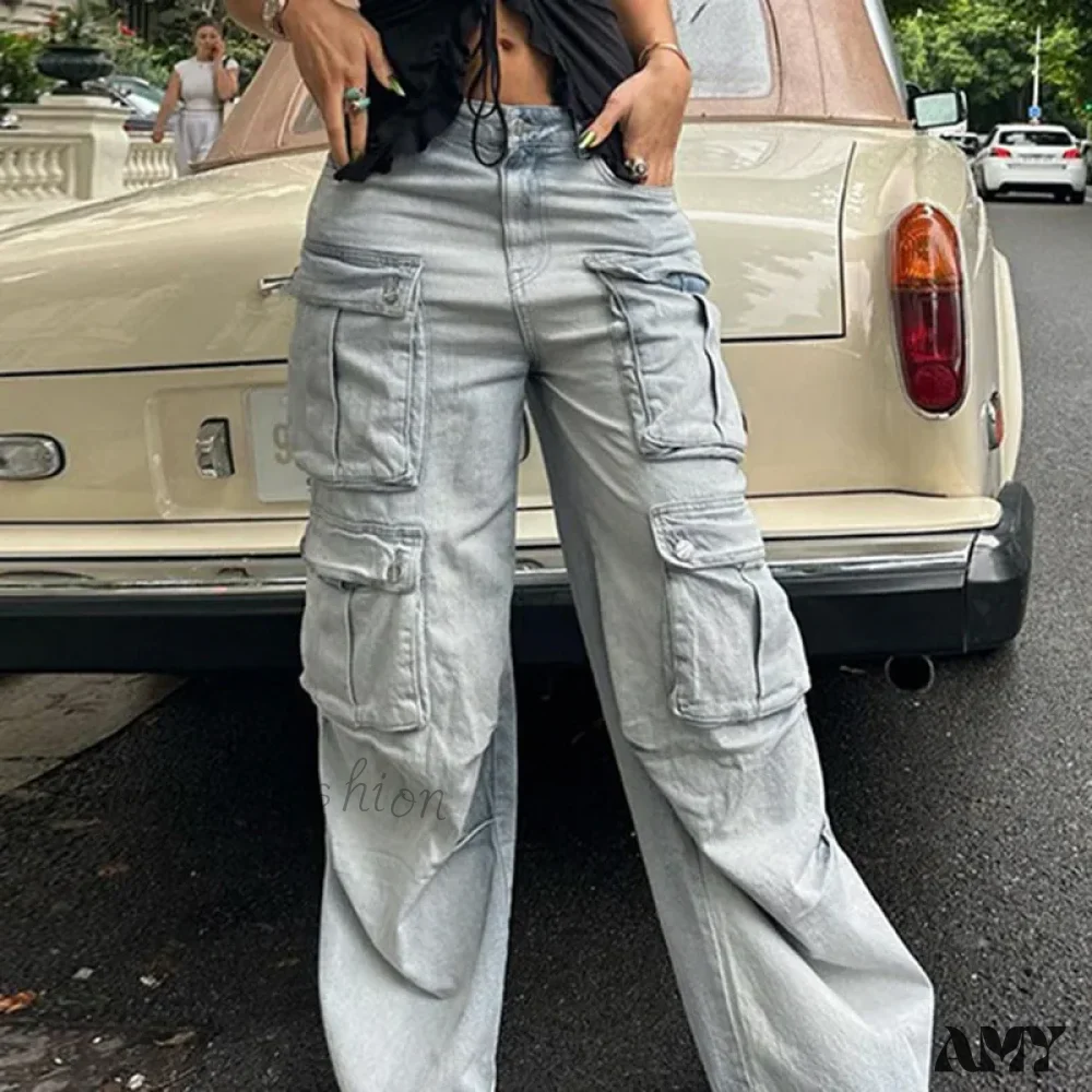 Amy Fashion - Straight Casual Multi-pocket Paneled Cargo Fashion Washed Wide Leg High-waisted High Street Y2K Jean - Image 2
