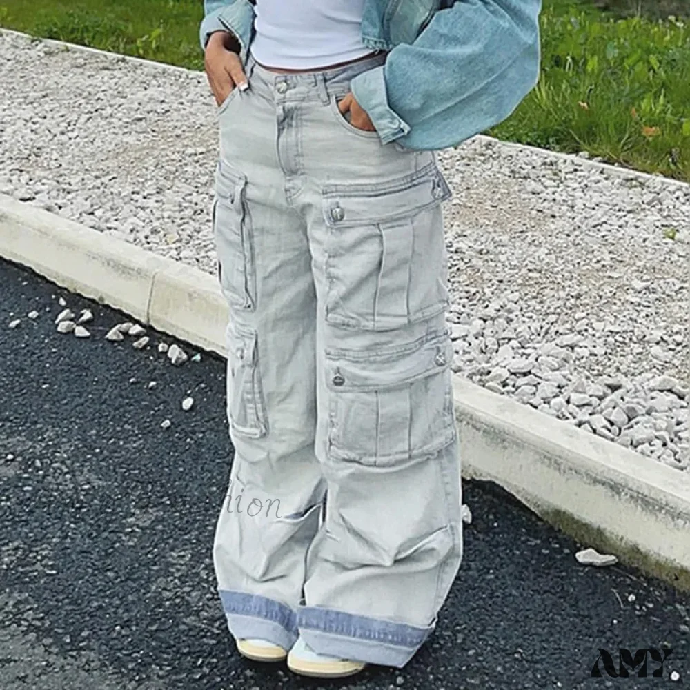 Amy Fashion - Straight Casual Multi-pocket Paneled Cargo Fashion Washed Wide Leg High-waisted High Street Y2K Jean - Image 3