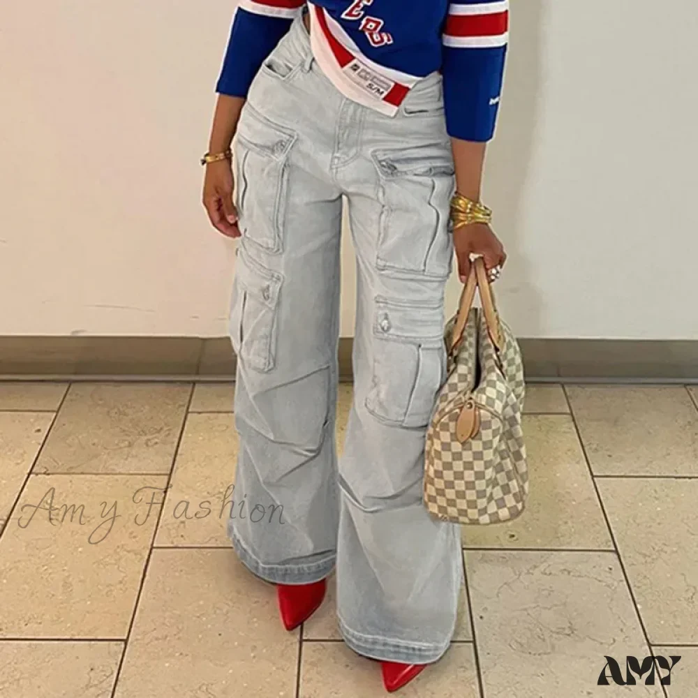 Amy Fashion - Straight Casual Multi-pocket Paneled Cargo Fashion Washed Wide Leg High-waisted High Street Y2K Jean - Image 4