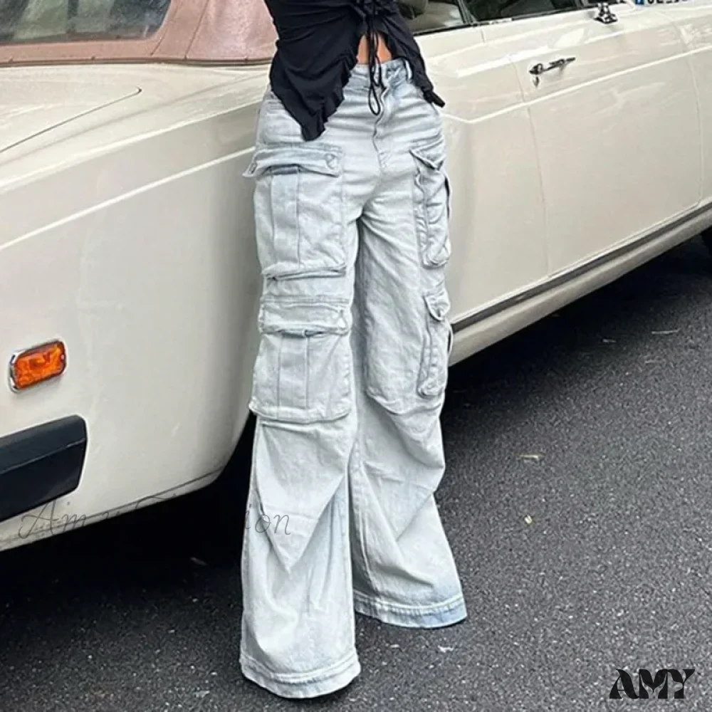 Amy Fashion - Straight Casual Multi-pocket Paneled Cargo Fashion Washed Wide Leg High-waisted High Street Y2K Jean - Image 5