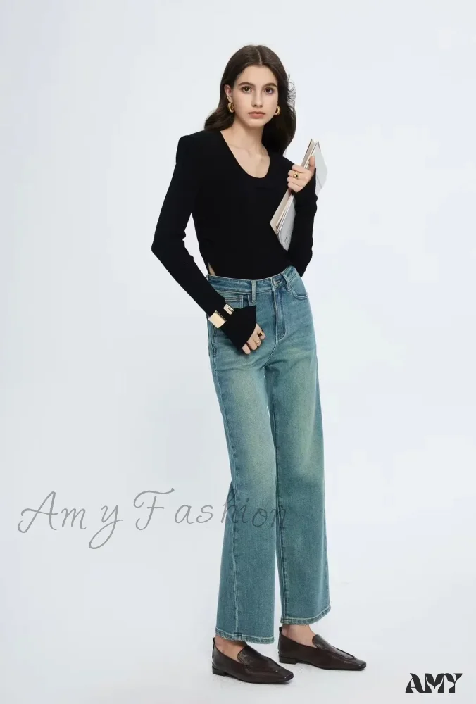 Amy Fashion - Straight Leg Denim Pant New Korean Straight Woman Female Spring 2024 Jean - Image 2