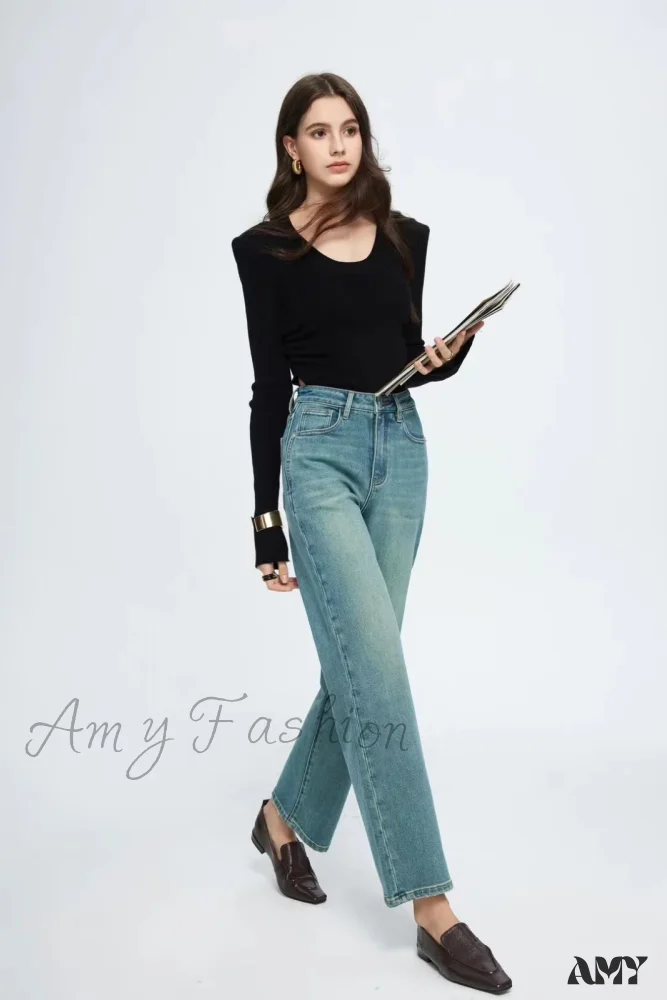 Amy Fashion - Straight Leg Denim Pant New Korean Straight Woman Female Spring 2024 Jean - Image 4