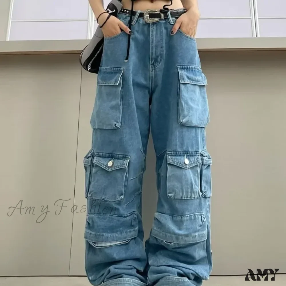 Amy Fashion - Streetwear Loose Oversized Straight-Leg Multi-Pocket Washed Cargo New Heavy Industry Y2K Vintage Jean - Image 4