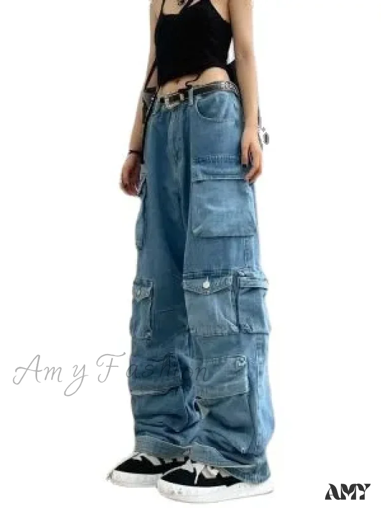 Amy Fashion - Streetwear Loose Oversized Straight-Leg Multi-Pocket Washed Cargo New Heavy Industry Y2K Vintage Jean - Image 5